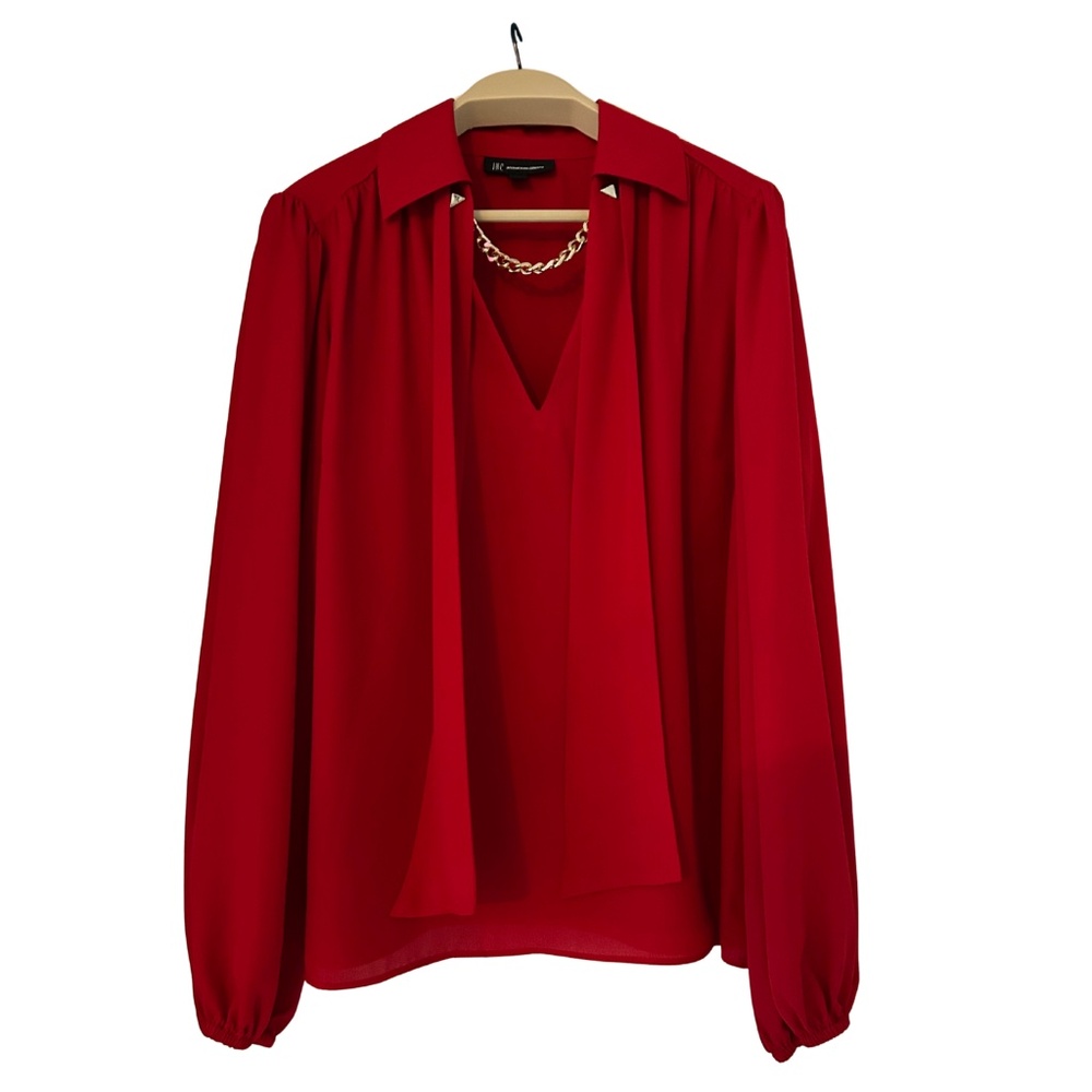 INC Holiday Party Red Long Sleeve Chain V-Neck Blouse
